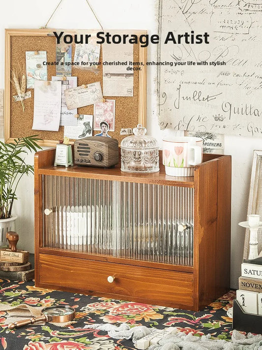 Rustic Wooden Desktop Storage Box Cosmetic And Skincare Organizer Dustproof Tea Set Jewelry Display Rack Vintage Style