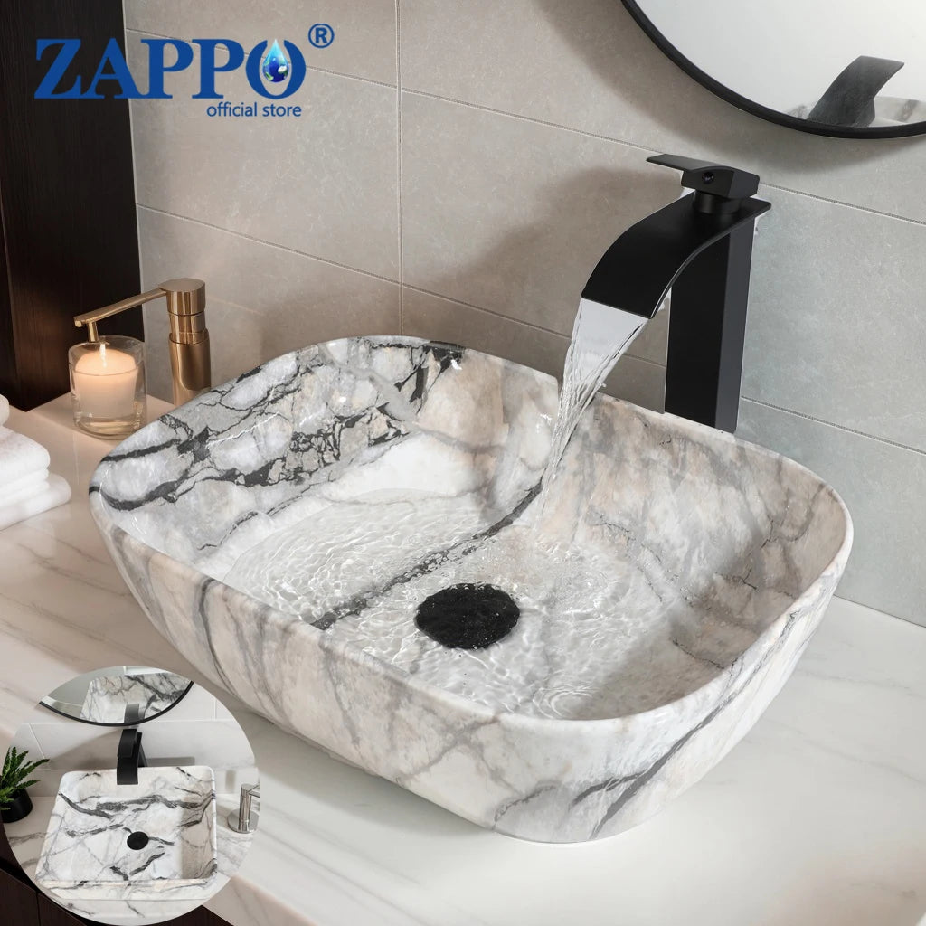 ZAPPO Artistic Marble Pattern Ceramic Vessel Sink Set, Black Matte Faucet Combo, Modern Bathroom Above-Counter Basin Vanity Sink